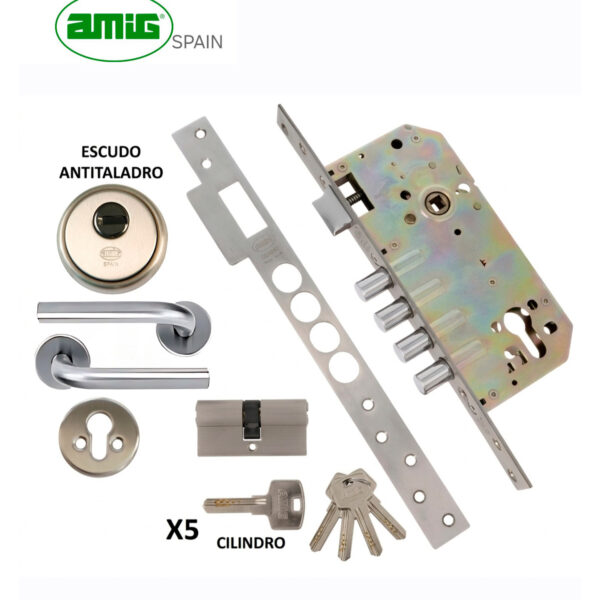 Kit Cerradura AMIG SPAIN de Alta Seguridad 4 Bulones/Llave Multipunto/Manijas Visalock/Escudo Anti Taladro Macizo
